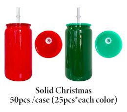 Christmas Borosilicate cold drink sublimation solid color 16oz beer glass can drinking tumblers with clear plastic straw for UV DTF transfer 50pcs/ctn 1222