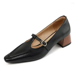 Dress Shoes Genuine Leather Retro Women Mid Heels SmallHut 2023 Spring Black Brown T-Strap Pumps Buckle Sewing Ladies Square Toe Party