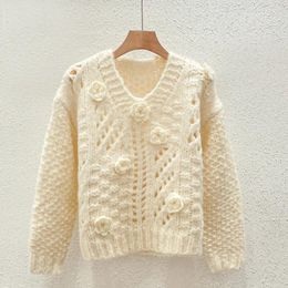 Women's Sweaters Women Hollow-out Floral Handknit Chunky Sweater Apricot V-neck Pullover 2023 Autumn Winter In