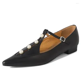 Dress Shoes Fashion Genuine Leather Women Single With Pointed Toe Low Heel Pearl Decoration Bling Solid Colour Shallow Mouthed