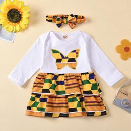 Girl Dresses 0-24M Born Baby Girls Long Sleeve Dress African Baby's Clothing Butterfly Print Infant Casual With Headbands