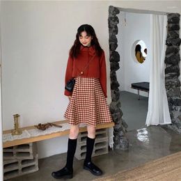 Work Dresses Fashion Suit Skirt Female Autumn And Winter Vintage Style Red Woolen Short Coat Plaid Suspender Two-piece Set Women