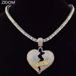 Men Hiphop Broke Heart Pendant Necklace With 5mm Tennis Chain Iced Out Bling Jewellery Male Fashion Gifts Necklaces250G