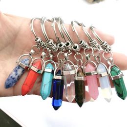 Wholesale Chakra hexagonal prism natural stone keychain Keychain handbag hanging Fashion jewelry gift drop boat