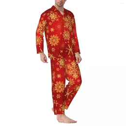 Men's Sleepwear Red Gold Snowflake Pyjama Sets Christmas Lovely Male Long-Sleeve Casual Bedroom 2 Piece Nightwear Large Size