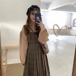 Work Dresses Very Nice Plaid One Piece Dress Puff Sleeve Shirt All-match Corduroy Straps Sleeveless Pleated Midi Robe Two-piece Suit