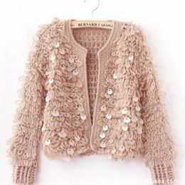 Spring Autumn Korean Women Tassel Mohair knitted Cardigan Sweater Coat Cutout Long Sleeve Sequins Cardigans Tops 231221