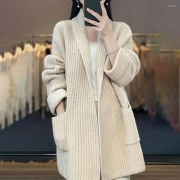 Women's Knits Women Autumn Winter Cardigan Sweater Open Stitch Knitted Pockets Lapel Loose Warm Soft Long Sleeve Mid Length Coat Jacket