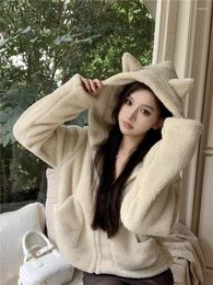 Women's Hoodies Sweet Girl Casual Hooded Lamb Wool Sweatshirt Coat Winter Zipper Loose Medium Length Jacket Fashion Female Clothes