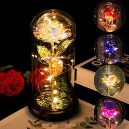 Night Lights LED Light Artificial Eternal Rose Beauty The Beast In Glass Gold Foil Flower Valentine's Day Gift Enchanted Fair269z