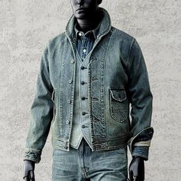 Men's Jackets Amekaji Wear Clothes Men Classic Green Collar Denim Jacket Overalls Dyed Washed Distressed