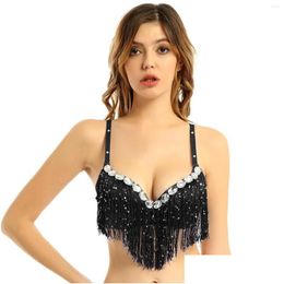 Stage Wear Women Bling Tassel Push-Up Bra Spaghetti Strap Sequin Tassels Crop Toplatin Brassiere Tops Party Club Performance Costume D Dhmgd