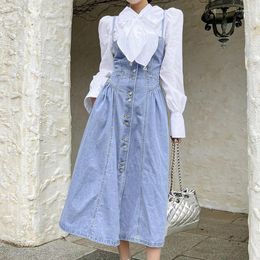 Women's Two Piece Pants 2023 Summer Dress Set Women Lantern Sleeve Bow Lace Up White Shirt Denim Spaghetti Strap Button Long Suits