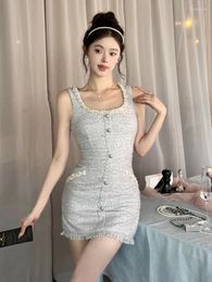 Casual Dresses French Small Fragrant Tweed Party Dress For Women 2023 High Quality Korean Sweet Fashion Beading Tank Slim Summer