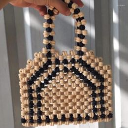 Evening Bags Vintage Wooden Bead Knitted Mobile Phone Handbag Fashion Black Beige Splice Design Women's Summer Vacation Beach Bag