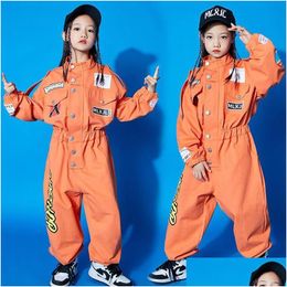 Stage Wear Kids Cool Short Sleeve Hip Hop Clothing Orange Jumpsuit Overalls For Girls Boys Jazz Dance Costume Ballroom Dancing Drop De Dhlkb