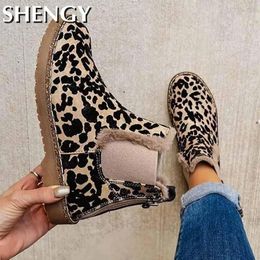 Boots Leopard Women Casual Shoes Slip On Back Zipper Comfort Sole Female Ankle Booties Thick Plush Velvet Winter Warm Lady Snow Boots