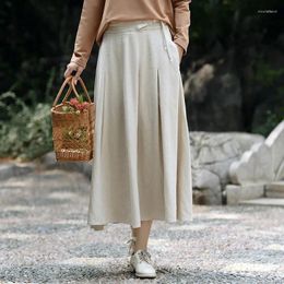 Skirts QPFJQD Original Ladies Linen Washing Retro Skirt Spring Autumn Woman Vintage Chinese Style Folds Casual Solid Colour