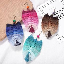 Gradient Color Cotton Thread Weave Macrame Earrings Women Beaded Hand-woven Tassel Dangle Earrings Bohemia Jewelry Drop 244G