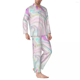 Men's Sleepwear Pajamas Men Marble Night Nightwear Colorful Liquid 2 Pieces Casual Loose Pajama Sets Long-Sleeve Trendy Oversized Home Suit