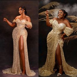 Sparkling Plus Gold Size Aso Ebi Prom Dresses Sheer Neck Sequined Lace Mermaid Evening Formal Dress For African Aarbic Black Women Birthday Party Gowns NL