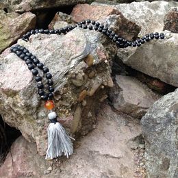 ST0186 108 Mala Bead Necklace Long Necklace with tassel Knotted Matte Black Onyx Stone Necklace Fancy Rosary Necklaces272u