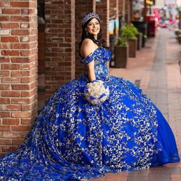 Blue Ball Gown Beaded Sequined Quinceanera Dresses Puffy Sweet 16 Dress Vestidos De 15 Anos 2024 Applique Lace Party For Girls