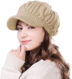 Women's Wool Knitted Acrylic Fibres Visor Beanie Winter Hat for Women sboy Cap Warm Soft Lined 231221