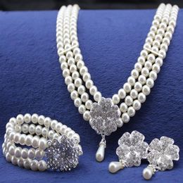 Rhodium Silver Tone Ivory Cream Pearl Bridal Jewelry Set Wedding Necklace Bracelet and Earrings Sets308e