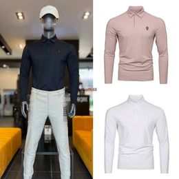 Golf Apparel Men's Autumn and Winter Wild Lapel Stretch Polo Shirt Warm Keeping Sports Micro Velvet Long Sleeve Bottoming