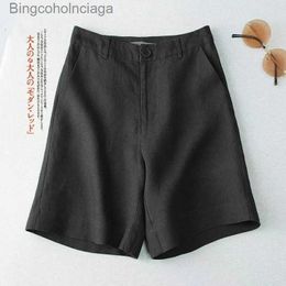 Women's Shorts 2023 Cotton Linen Casual Women's Shorts Elastic Waist Loose Straight Wide-leg Pants Solid Basic Black Home Women's Summer ShortsL231222