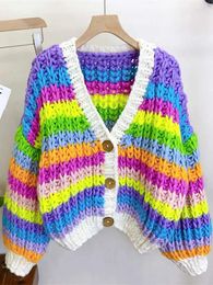 Women's Sweaters Colourful Crochet Stripe Knit V-neck Women Crop Cardigan Lantern Sleeve Single Breasted Elegant Sweater 2023 Autumn Chic
