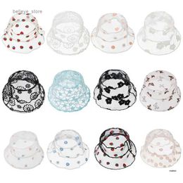 Wide Brim Hats Bucket Hats Infant Baby Summer Transparent Mesh Lace Bucket Hat Sweet Floral Embroidered Wide Brim Flat Top Breathable Packable KidsL231221