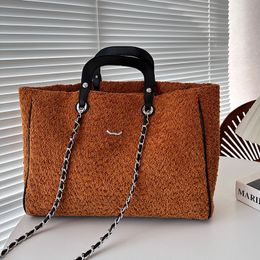Women Designer Soft Tweed Tote Bag with Top Handle Two-Tone Patchwork 40x30cm Silver Metal Hardware Rivet Decoration Matelasse Chain Airport Shoulder Handbag