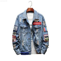 Men's Jackets 2 Colours Harajuku Patchwork Frayed Rock Vintage black blue denim jacket men punk sudadera hole streetwear hip hop ruched Washed