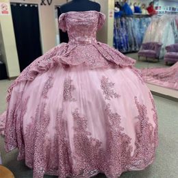 Pink Quinceanera Dress 2024 Off The Shoulder Beading Appliques Lace Sparkling Ball Gown Birthday Formal Party Gown vestidos de 15