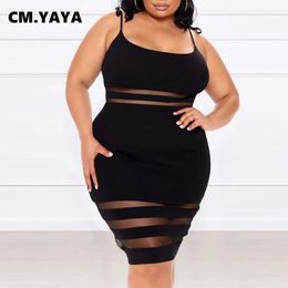 CM.YAYA Women Plus Size Mesh Patchwork Bodycon Dress Sexy Night Party Clubwear Spaghetti Strap Sleeveless Midi Pencil Dresses 231222