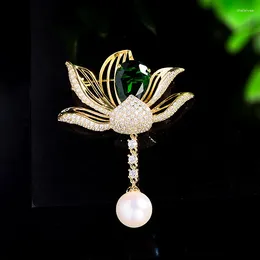 Brooches Delicate Micro-zircon Lotus Tassel Pearl For Women Chic Design High-end Corsage Coat Cardigan Accessories Pins Gifts