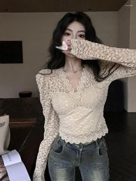 Women's T Shirts Sexy Chic Women Shirt Lace V-neck Shoulder Pad Autumn Spring Long-sleeved Slim Cropped Tops Y2k Party Club