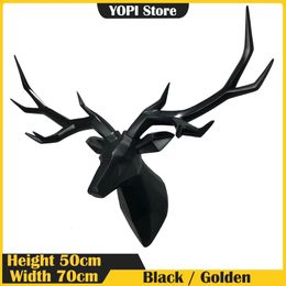 Large Golden Deer Head Statue Wall Decor Black Antler Animal Figurine Nordic Home Interior Hanging Decoration Accessories 231221