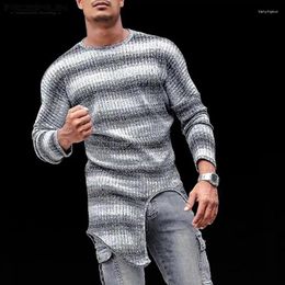 Men's T Shirts Fashion Casual Style Tops INCERUN Men Horizontal Stripe Contrast Irregular Hem T-shirts O-Neck Knitted Long Sleeve T-shirt