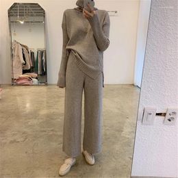 Women's Two Piece Pants Winter Women Casual Two-Pieces Set Solid Wool Knitted Turtleneck Sweater Wide Leg Fashion Female Office Lady Suit