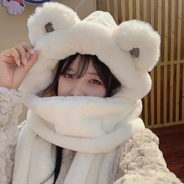2023 Winter Thickened Bear Hat Scarf Allinone Female Korean Version Cute Fashion Cycling Warm Gloves Threepiece 231221