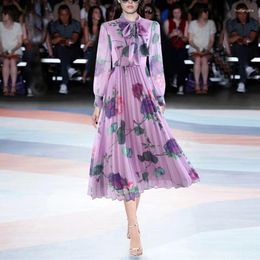 Casual Dresses Spring Autumn Chiffon Dress Women Scarf Collar Purple Colour Fashion Floral Printing Vestidos Pleated Expansion