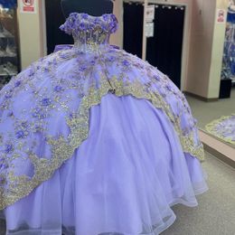 2024 Sparkly Lavender Princess Quinceanera Dresses Off Shoulder Applique Lace Crystal Vestidos De 15 Anos Prom Party Ball Gown