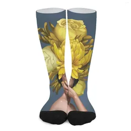 Women Socks Head Yellow Flower Stockings Bouquet Woman Quality Elegant Running Sports Non Slip Custom Gift