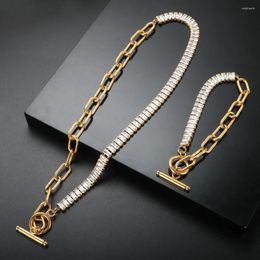 Necklace Earrings Set Half Tennis Crystal Chain Panel Oval For Women Stainless Steel Cubic Zirconia Bracelet Choker Jewelry