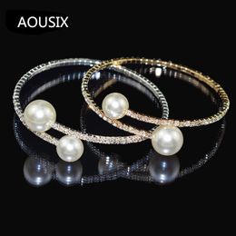 Elegant Crystal Imitation Pearl Open Bracelets for Women Gold Silver Plated Cuff Bangles necklace set Pulseras Mujer Jewellery 231221