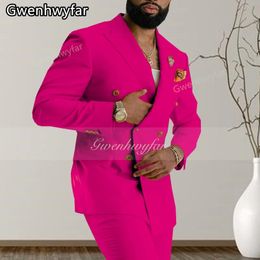 Gwenhwyfar Luxury Rose Red Mens Suit Gentlemens Leisure Business Slim Fit Double Button Lapel Set JacketPants 231221