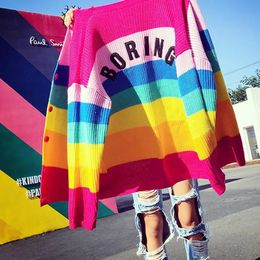 Lazy BORING Emboridery Rainbow Striped Cardigan Oversized Long Sleeve Knit Top Womens Sweaters Cardigans Harajuku Outift 231221